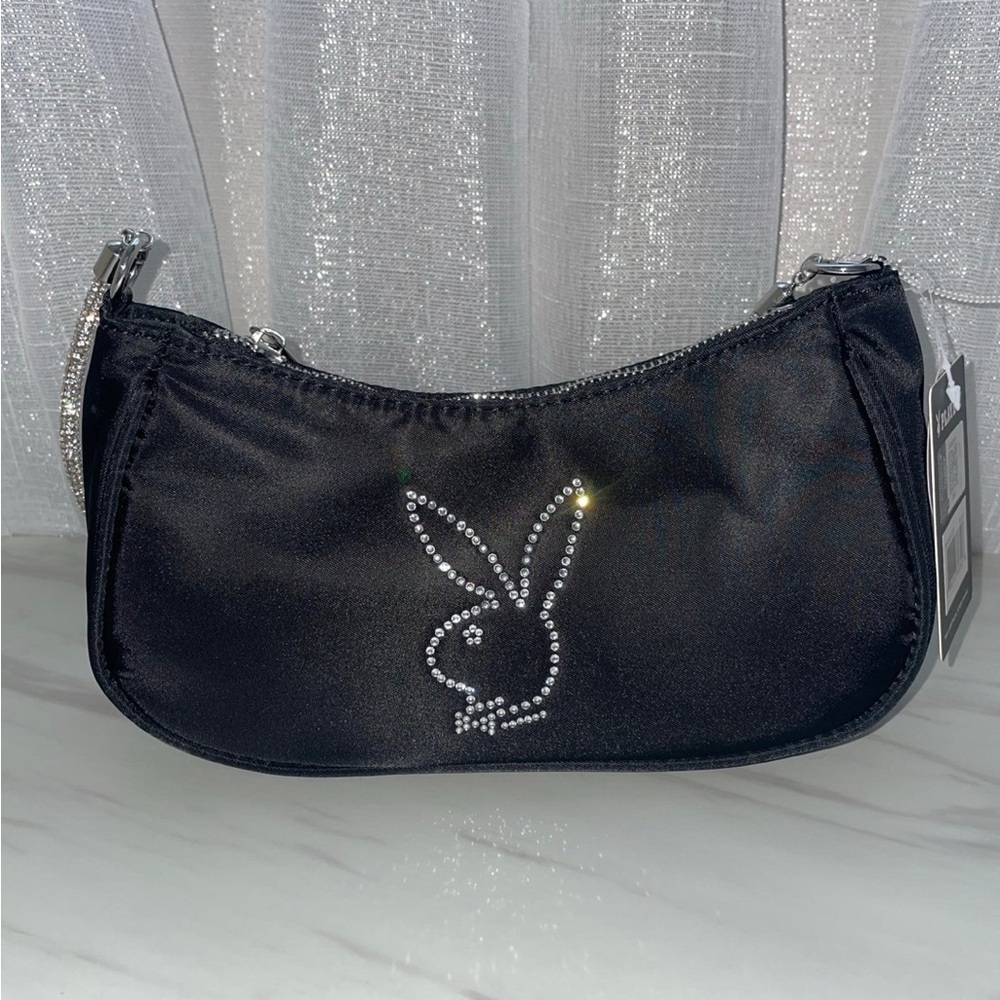 Playboy Shoulder Handbag Rhinestone Logo and Shoulder Strap, Black